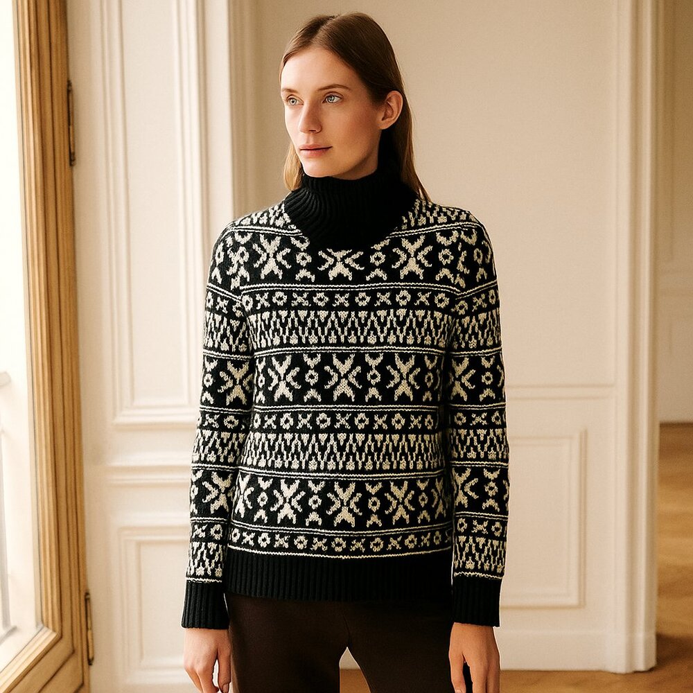 Lands' End Black White Fair Isle Turtleneck Sweater Nordic Scandi‎ Ski Small